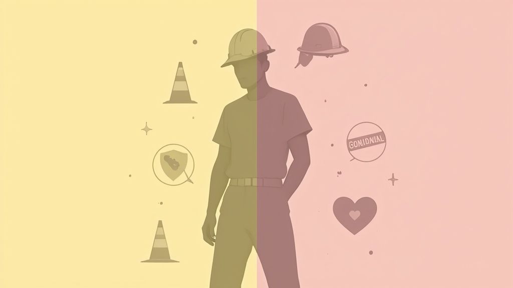 A factory manager in a hard hat and high-visibility vest reviews information on a tablet, looking thoughtful.