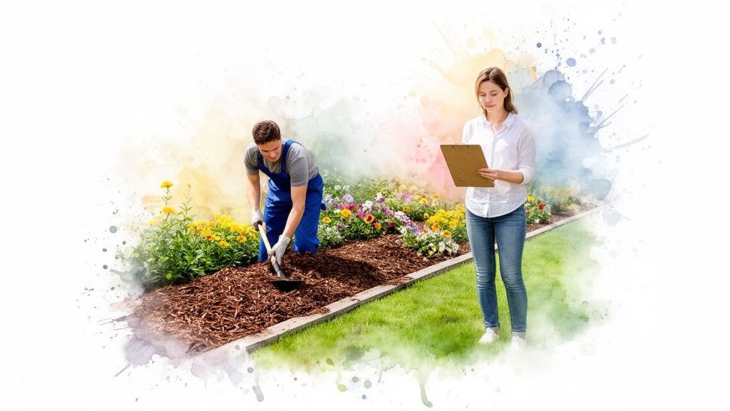 A man mulches a vibrant flower garden while a woman with a clipboard inspects it.