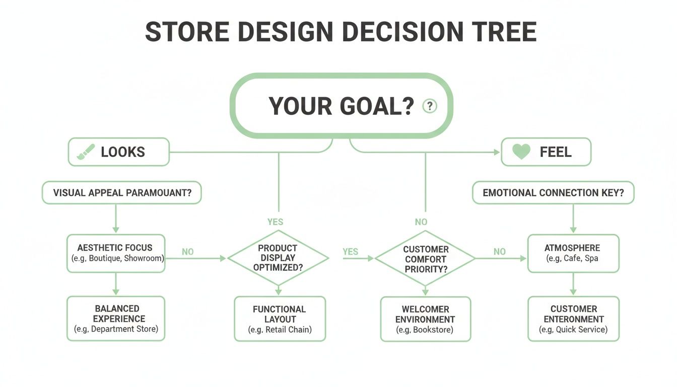 A store design decision tree diagram showing different store types based on goal and customer focus.