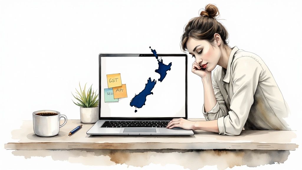 Watercolor illustration of a thoughtful woman looking at a laptop with a New Zealand map, GST, SEO, API notes.
