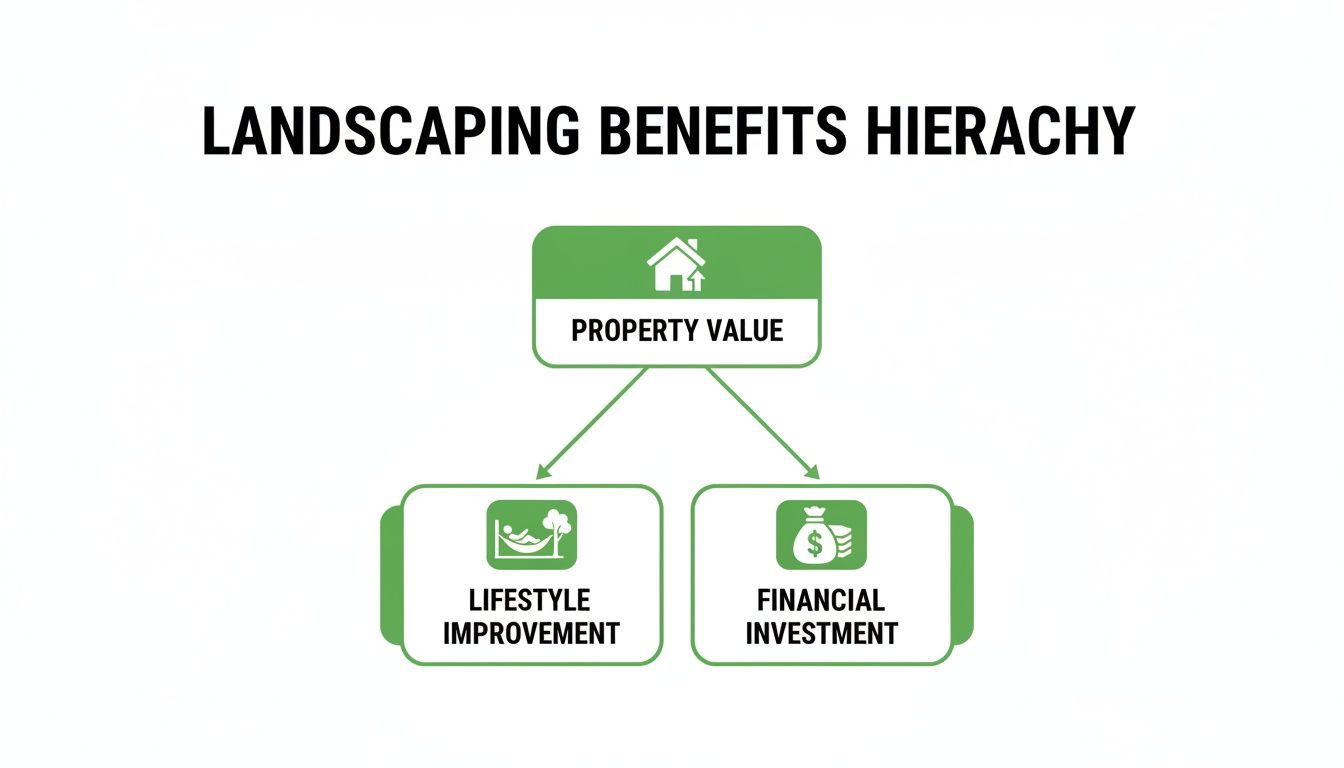 A hierarchy diagram titled 'Landscaping Benefits Hierarchy' showing property value branching to lifestyle improvement and financial investment.