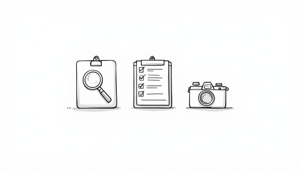 An auditor in a high-visibility vest inspects equipment in a manufacturing facility.