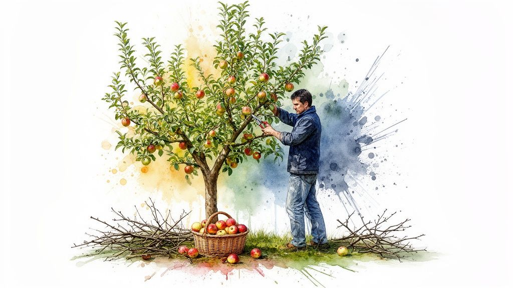 Watercolor illustration of a man pruning an apple tree, with a basket of ripe apples below.