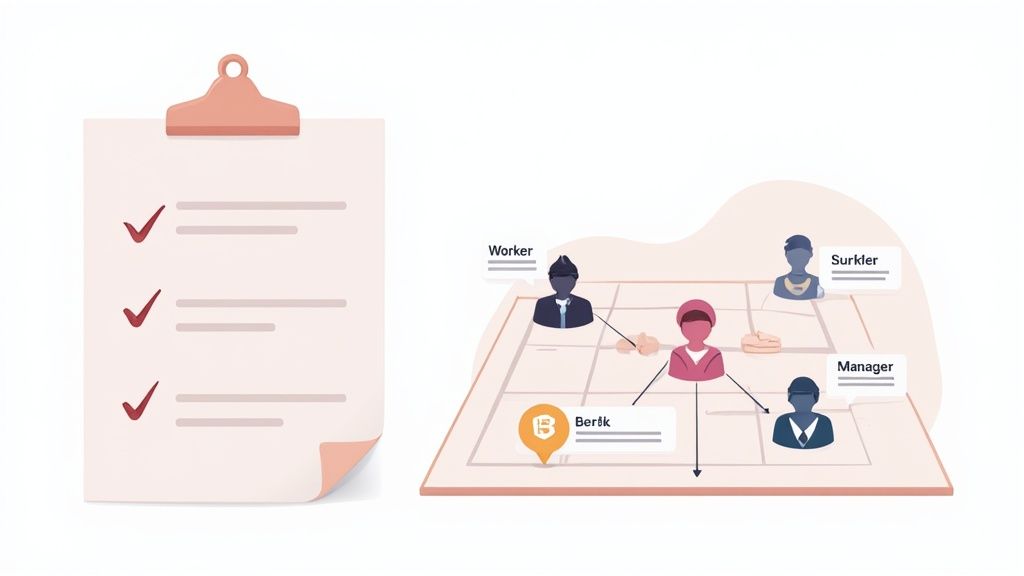 A visual representation of a completed task checklist and a workflow diagram with interconnected roles.