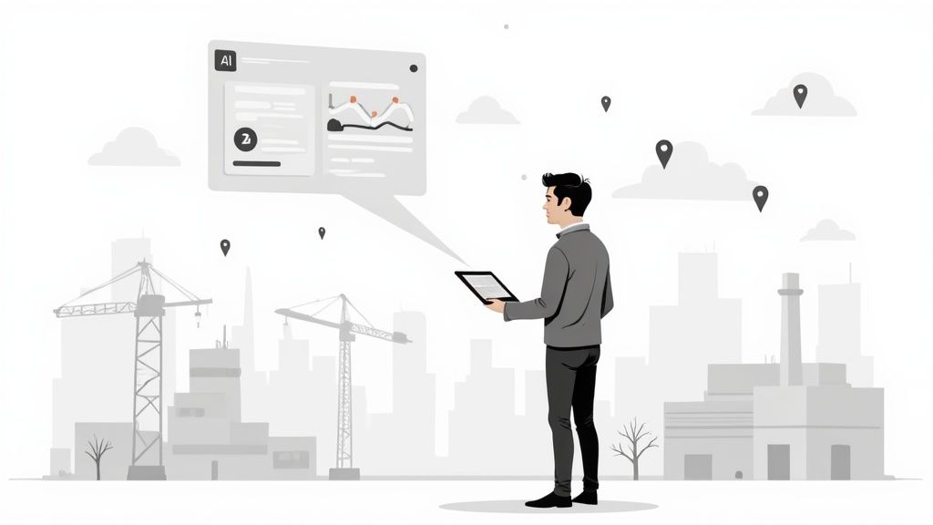 Illustration of a man using a tablet to view an AI interface above a cityscape with construction cranes.