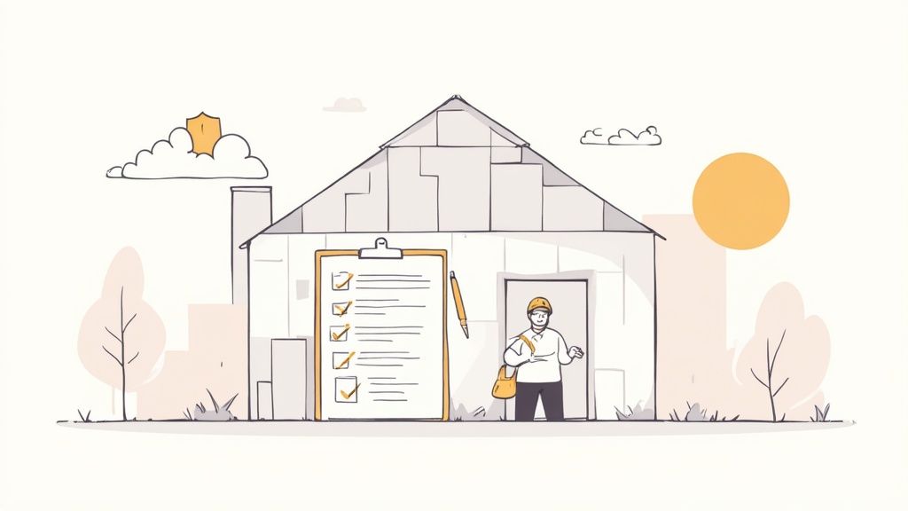 A construction worker in a high-visibility vest reviews plans on a tablet inside a building under construction.