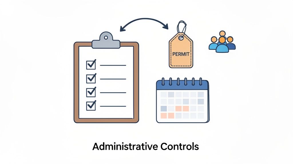 Illustration of administrative controls showing a checklist, permit tag, group of people, and a calendar.