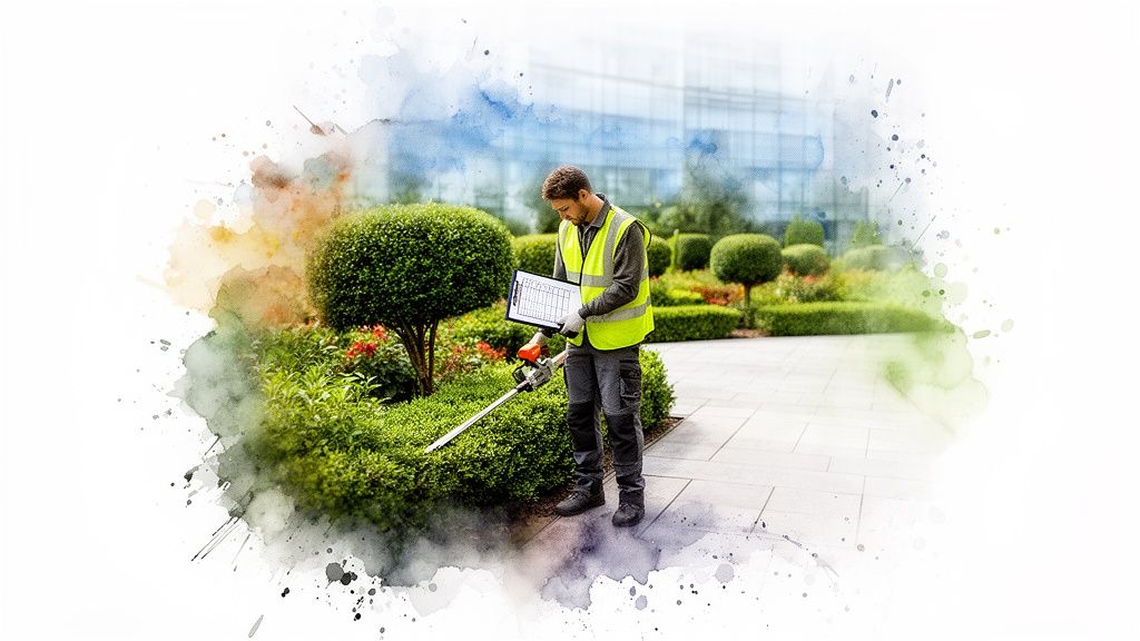 A professional gardener wearing a hi-vis vest prunes bushes with a hedge trimmer, checking a clipboard.