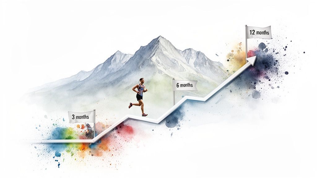 A runner ascends a watercolor path towards mountain peaks, with flags marking 3, 6, and 12 months progress.