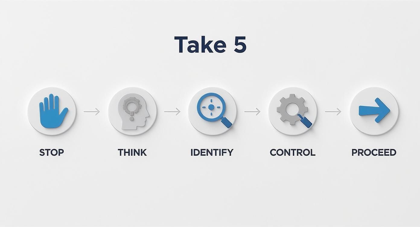 A 'Take 5' safety process diagram showing five steps: Stop, Think, Identify, Control, and Proceed with icons.