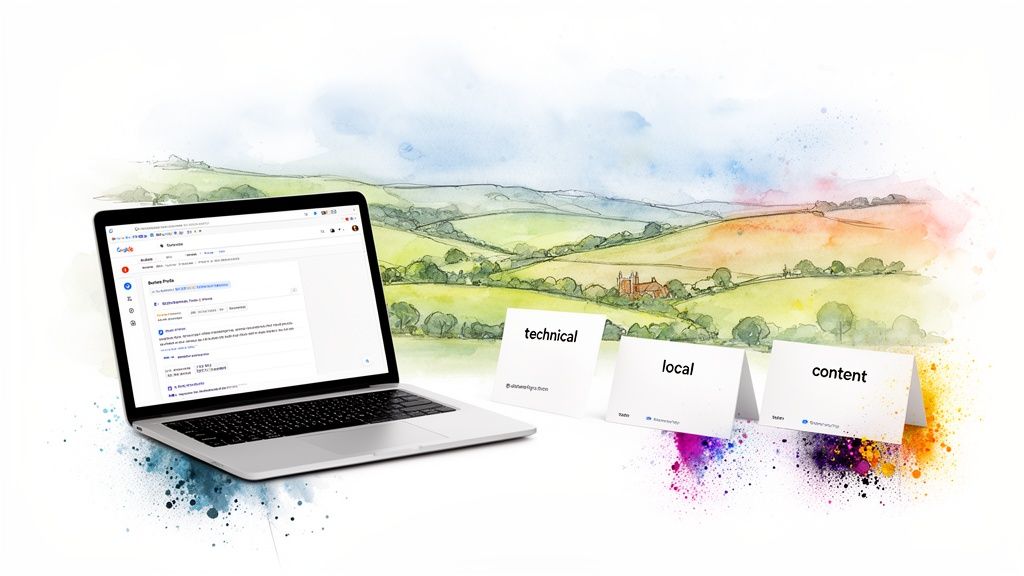 A laptop displaying Google Search Console alongside cards for technical, local, and content SEO strategy.