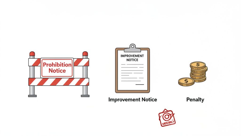 Illustrative image depicting a prohibition notice barrier, an improvement notice on a clipboard, and penalty coins.