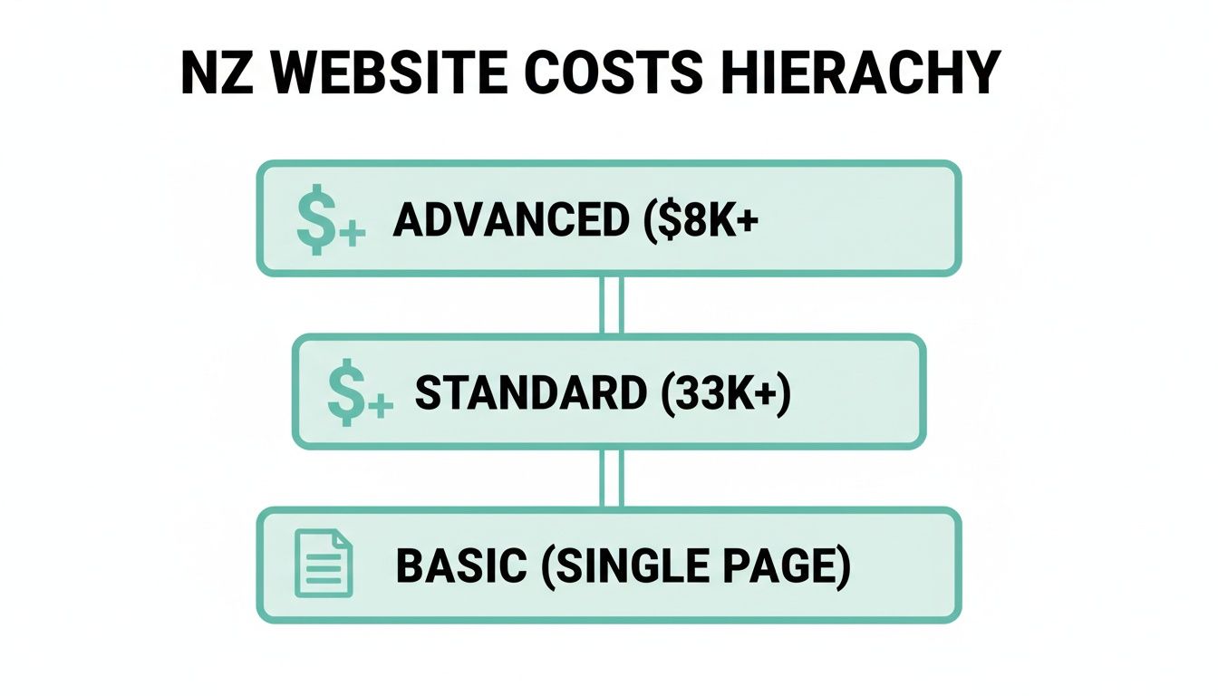 Hierarchy illustrating NZ website costs: Advanced ($8K+), Standard ($33K+), and Basic (Single Page).