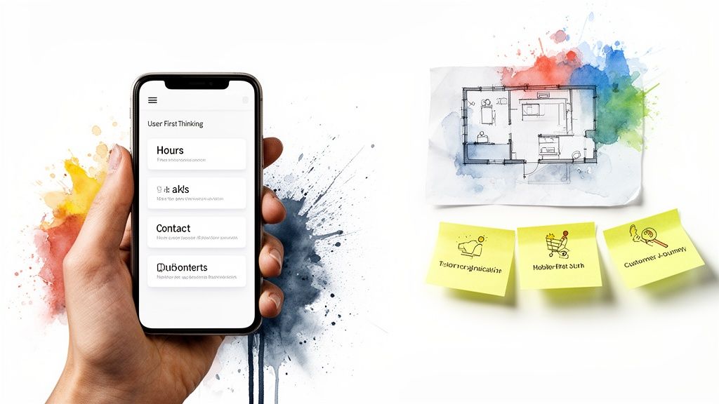 A hand holds a smartphone displaying a 'User First Thinking' app, next to design sketches and brainstorming sticky notes.
