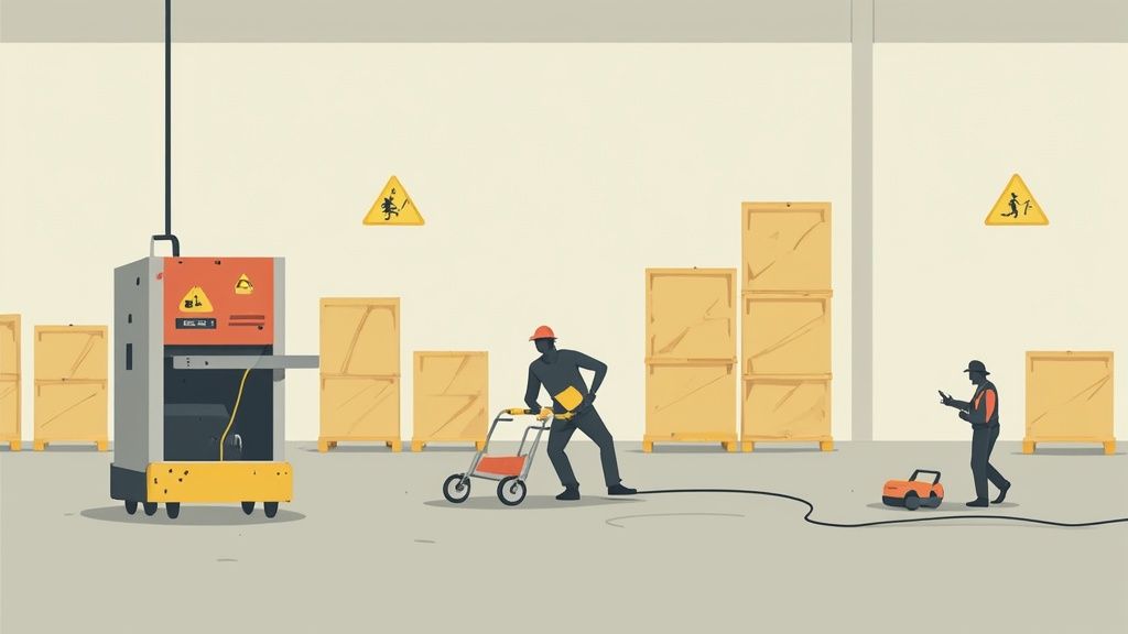 Workers in warehouse with safety warning signs near machinery and stacked crates showing workplace hazards