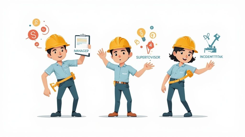 Two manufacturing workers in safety vests and hard hats discussing plans next to industrial machinery.