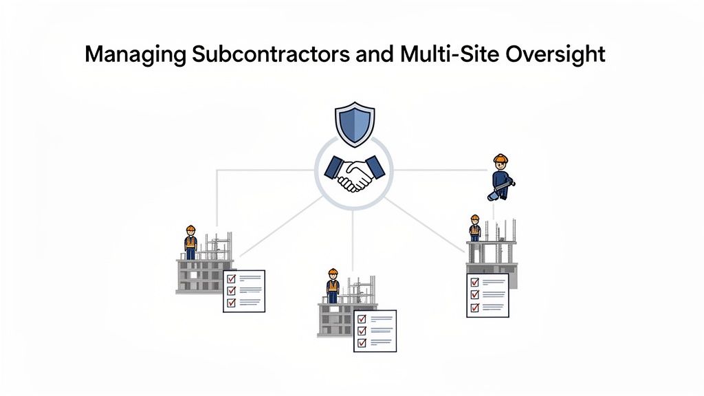 Illustrative diagram of managing subcontractors and multi-site oversight in construction with safety.