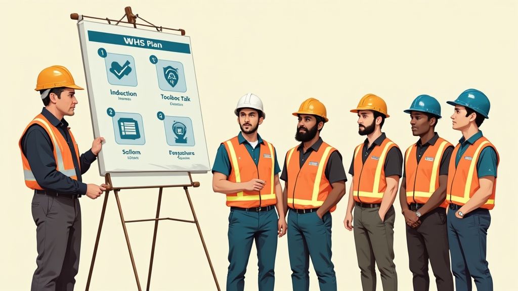 A team of construction workers in a toolbox talk, discussing the day's safety plan.