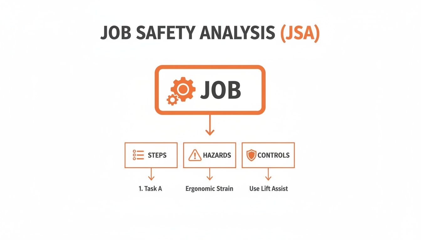 A flowchart showing Job Safety Analysis (JSA) with 'JOB' leading to 'STEPS', 'HAZARDS', and 'CONTROLS'.