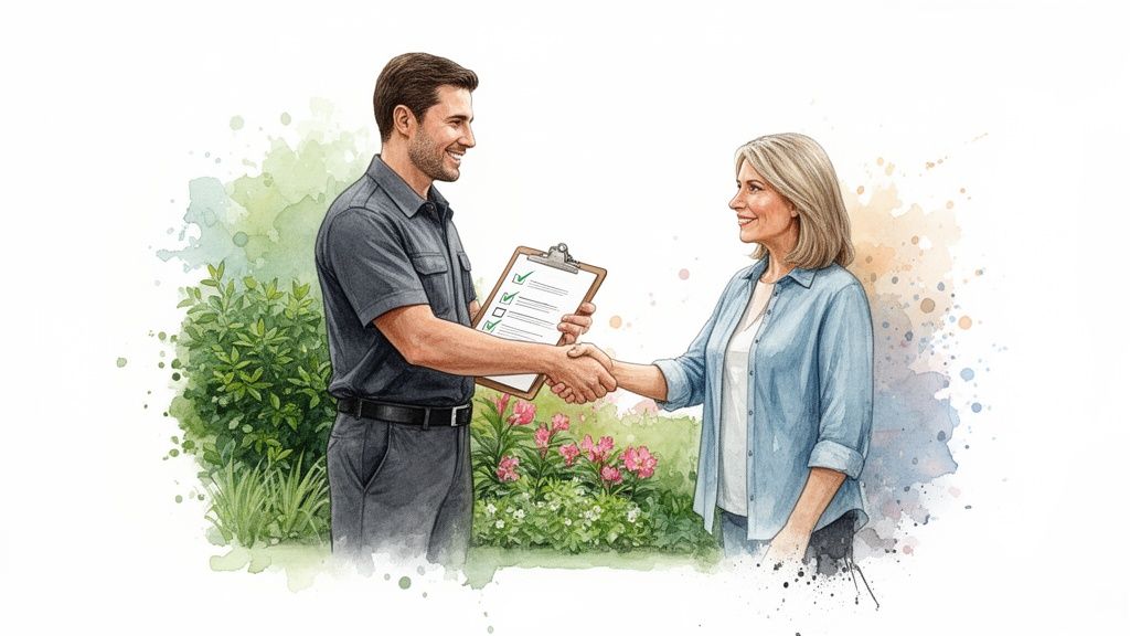 Smiling landscaper in uniform shakes hands with a female client, holding a service checklist.