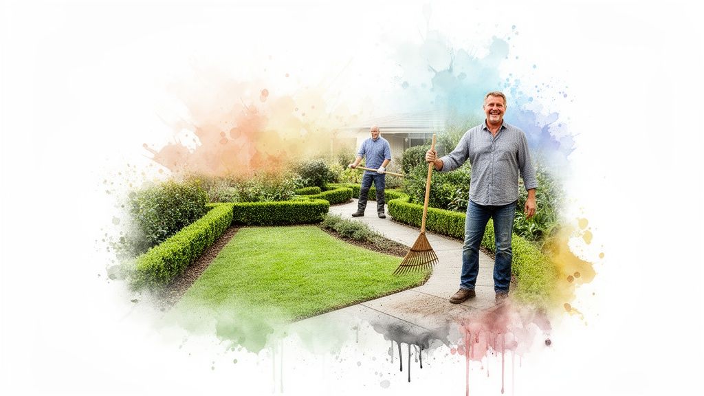 Two smiling men with rakes stand in a beautiful, green garden, ready for clean up.