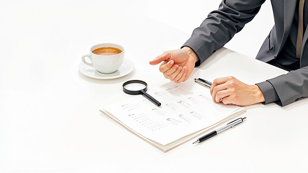Business professional analyzing financial documents and data charts with coffee on white desk