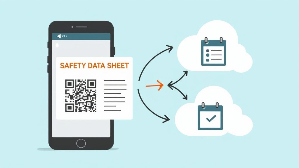 A worker using a tablet in a manufacturing setting, showing how a digital platform provides instant access to safety information on the go.