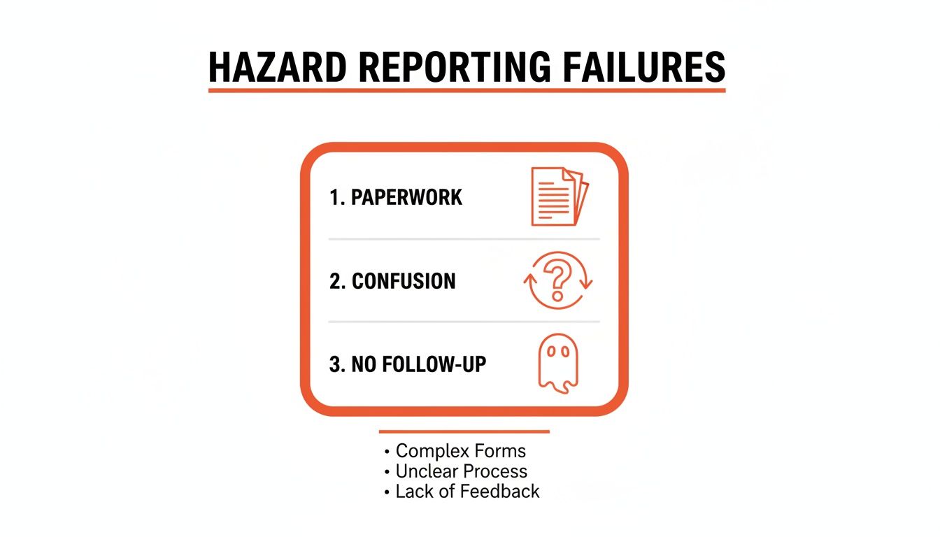 Infographic illustrating three key hazard reporting failures: paperwork, confusion, and lack of follow-up, with specific reasons.