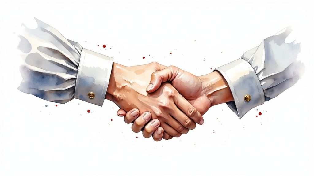 Professional business handshake between two people in formal attire symbolizing partnership and agreement