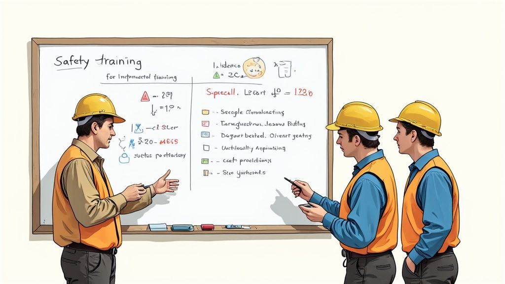 A construction site manager in a hard hat and high-visibility vest reviewing a checklist on a tablet while standing near structural steel framing.