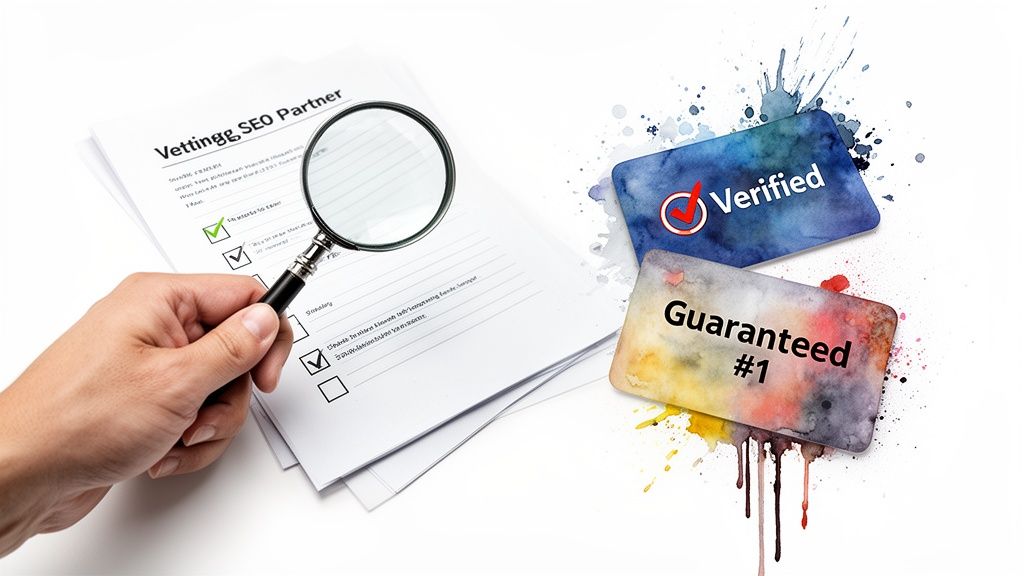 Hand with magnifying glass checking an SEO partner checklist, next to 'Verified' and 'Guaranteed #1' cards.