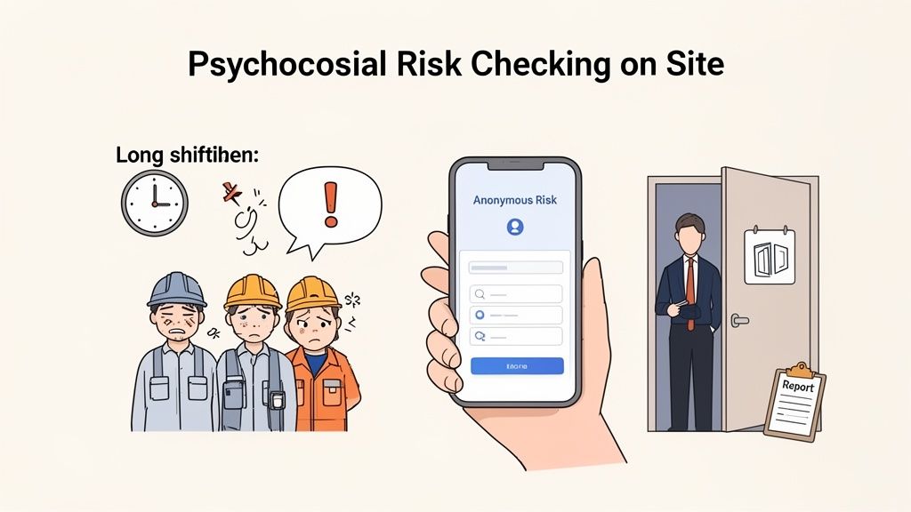 Illustration of psychosocial risk assessment on site, showing stressed workers, a mobile app, and a manager reviewing reports.