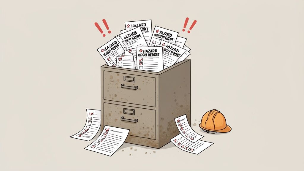 A filing cabinet overflowing with hazard incident report forms, with a hard hat on the floor.