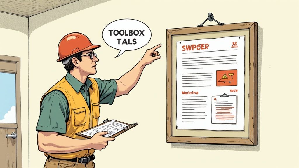 A construction worker and a manager discussing plans on a tablet at a worksite.