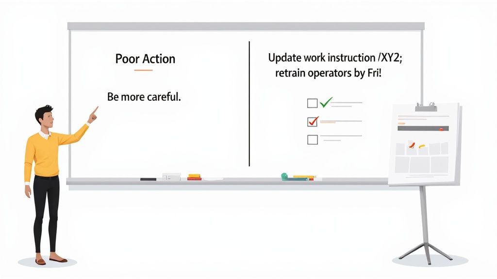 Cartoon illustration of a man pointing at a whiteboard comparing poor action feedback with actionable solutions.