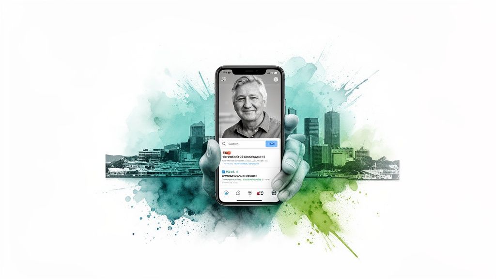 Hand holding smartphone displaying a smiling man's portrait, set against a vibrant watercolor cityscape.