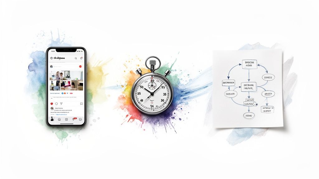 A smartphone showing social media, a stopwatch, and a hand-drawn flowchart on watercolor splashes.