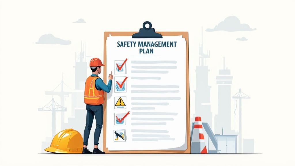 A construction worker reviews a Safety Management Plan checklist on a large clipboard with a hard hat.
