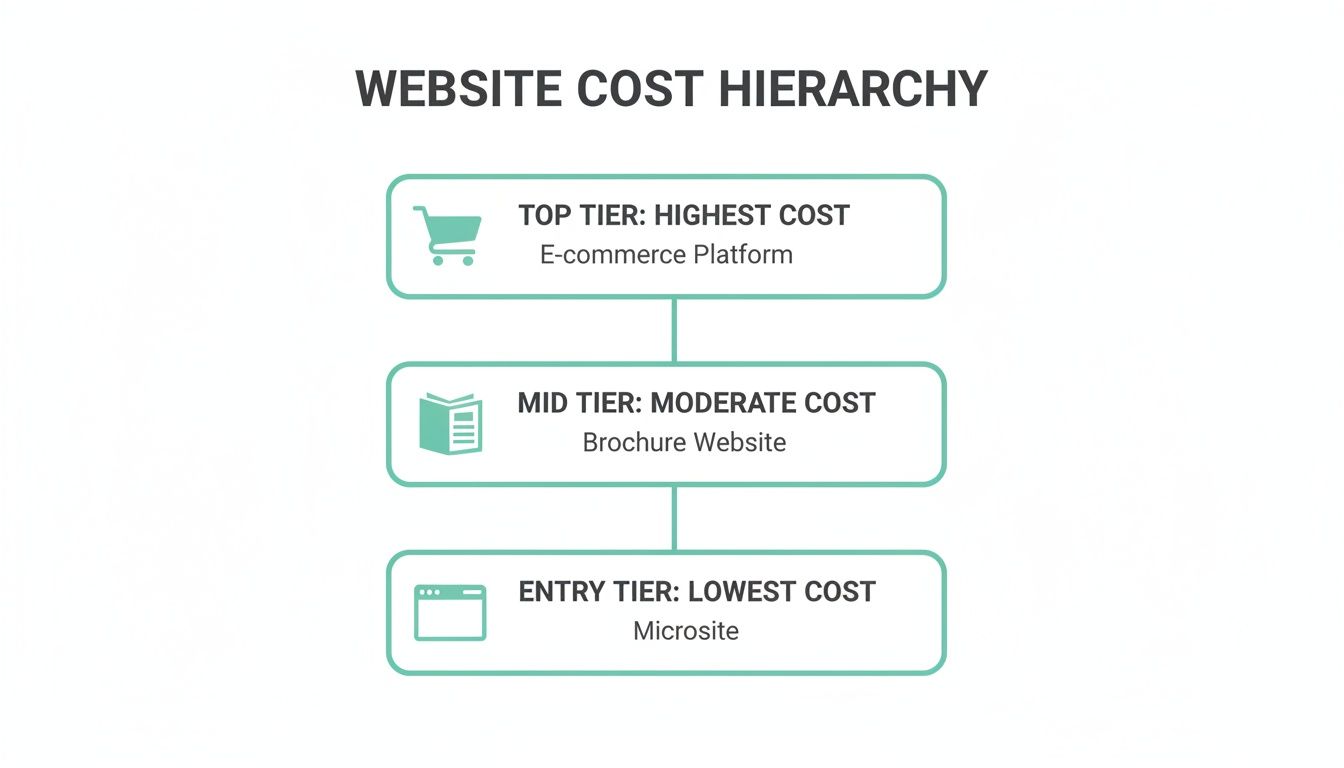 A website cost hierarchy chart showing e-commerce platform as highest, brochure website as moderate, and microsite as lowest cost.