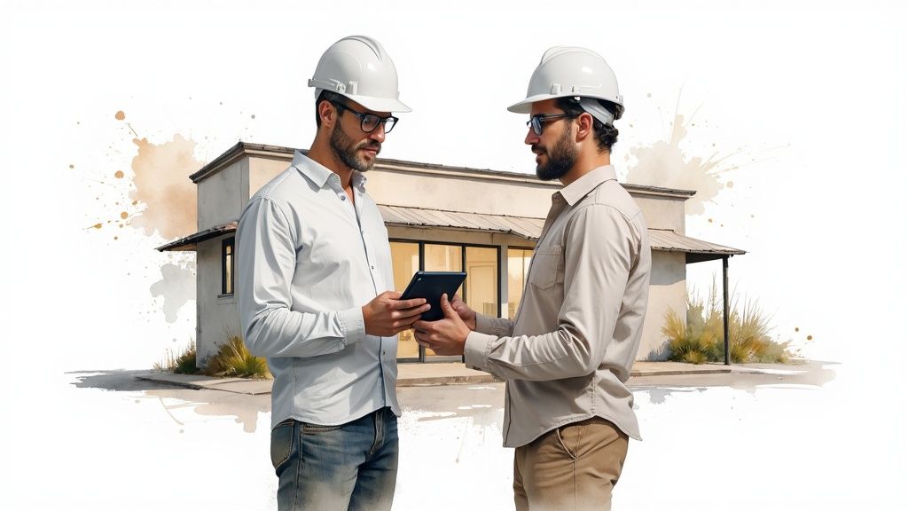 Two construction professionals in hard hats review plans on a tablet in front of a modern building sketch.