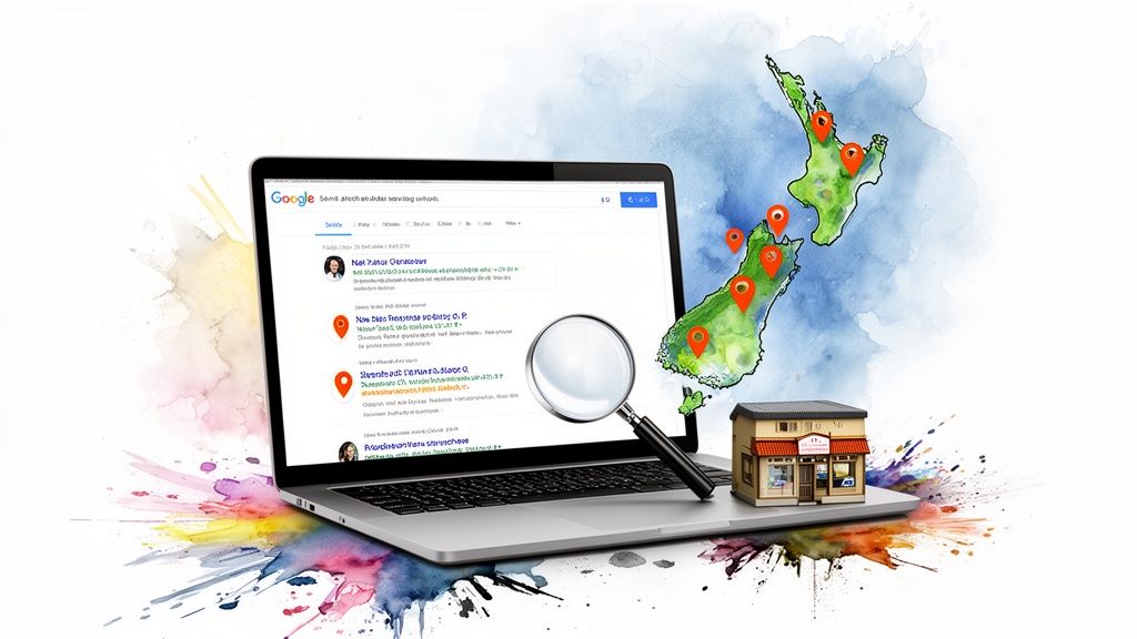 Laptop with local search results, magnifying glass, New Zealand map with pins, and a small business shop model.
