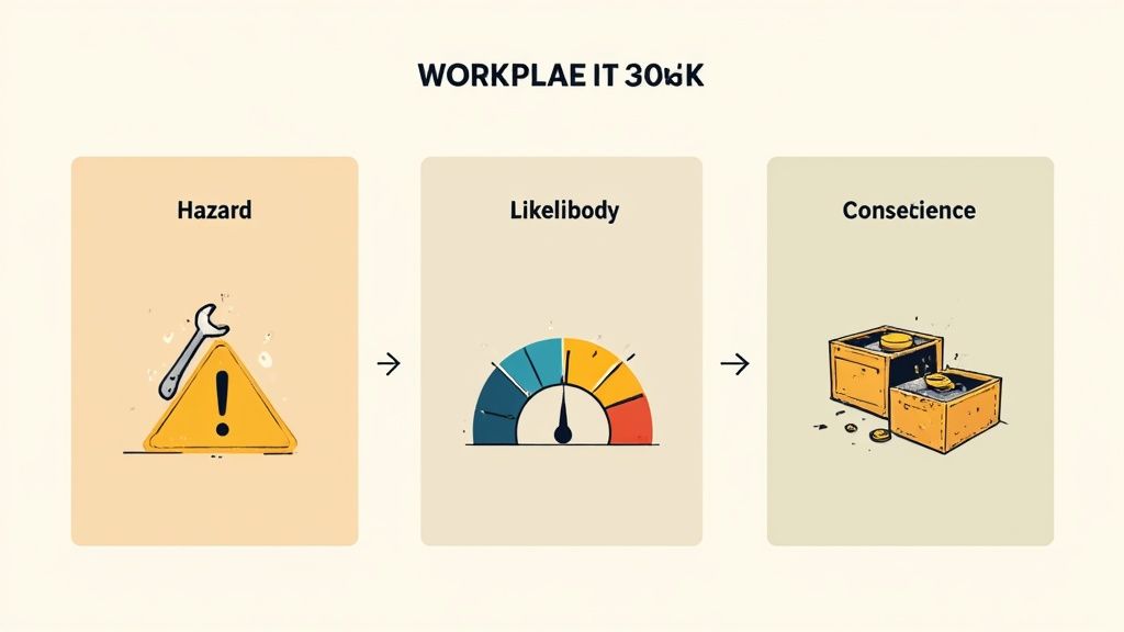 Workplace IT 30K risk assessment framework showing hazard identification, likelihood evaluation, and consequence analysis
