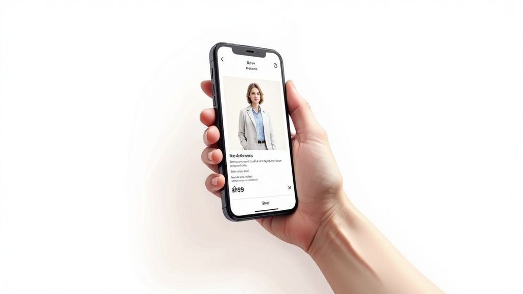 A hand holds a smartphone displaying an e-commerce page with a woman in a suit and product details.