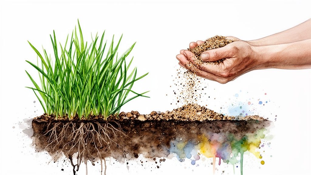Watercolor illustration showing green grass with roots and hands applying top dressing to soil.