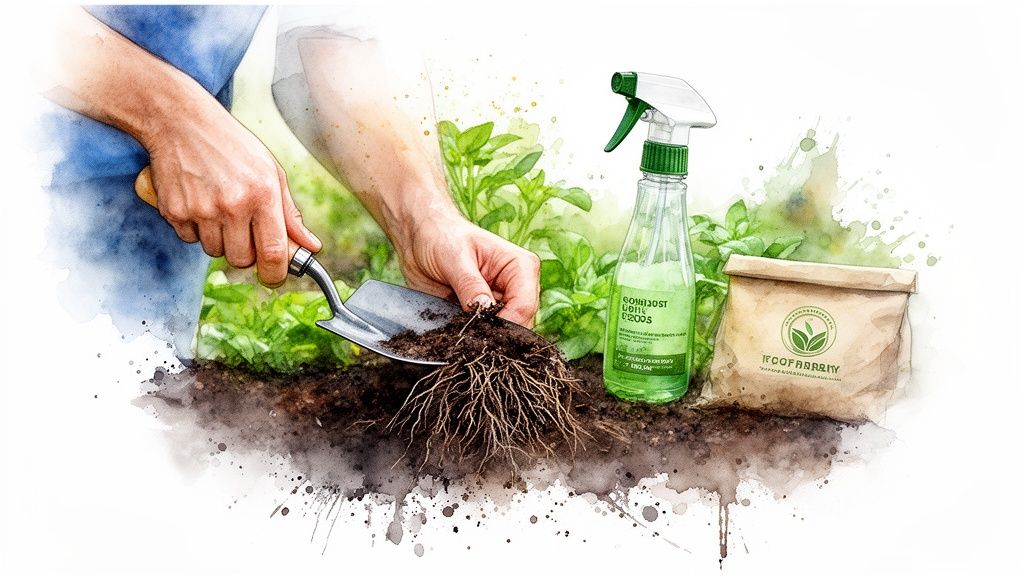 Person's hands planting a seedling with a trowel, showing roots in rich garden soil with products.