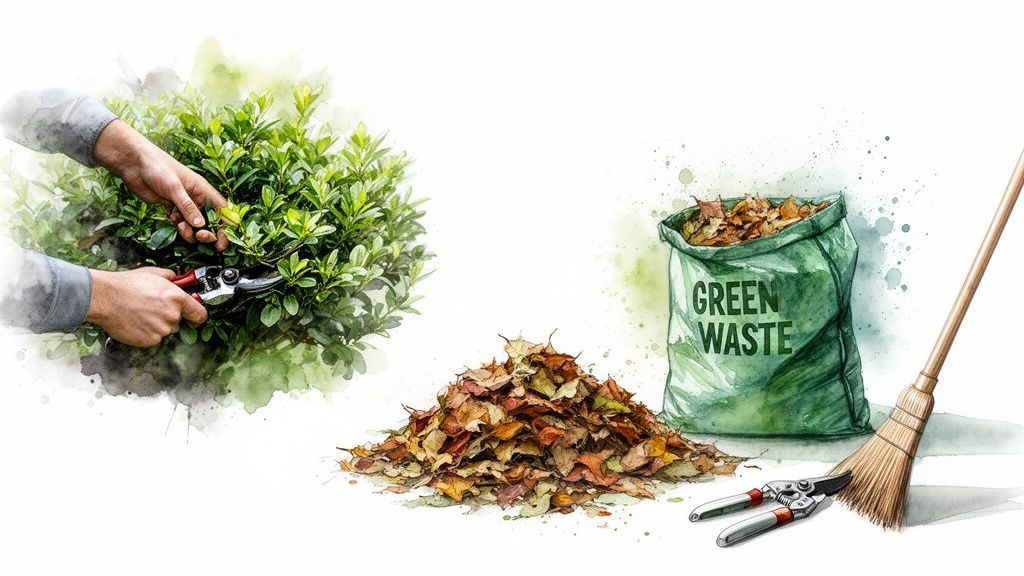 Watercolor illustration of garden cleanup activities: hands pruning a green bush, a pile of autumn leaves, and a green waste bag.
