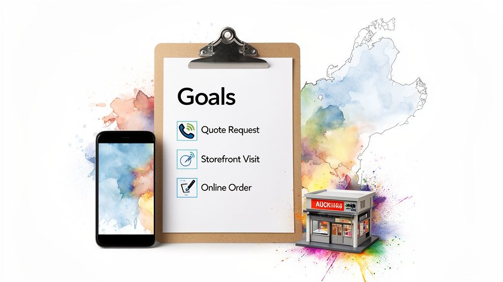 A clipboard with business goals, including quote requests, storefront visits, and online orders, alongside a phone, map, and store.