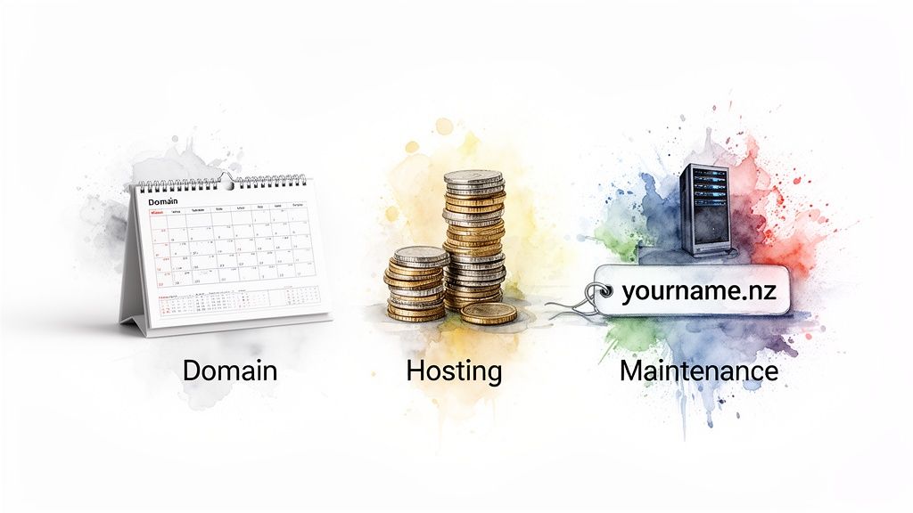 Illustration showing calendar for domain registration, stacks of coins for hosting, and a server for maintenance, representing website costs.