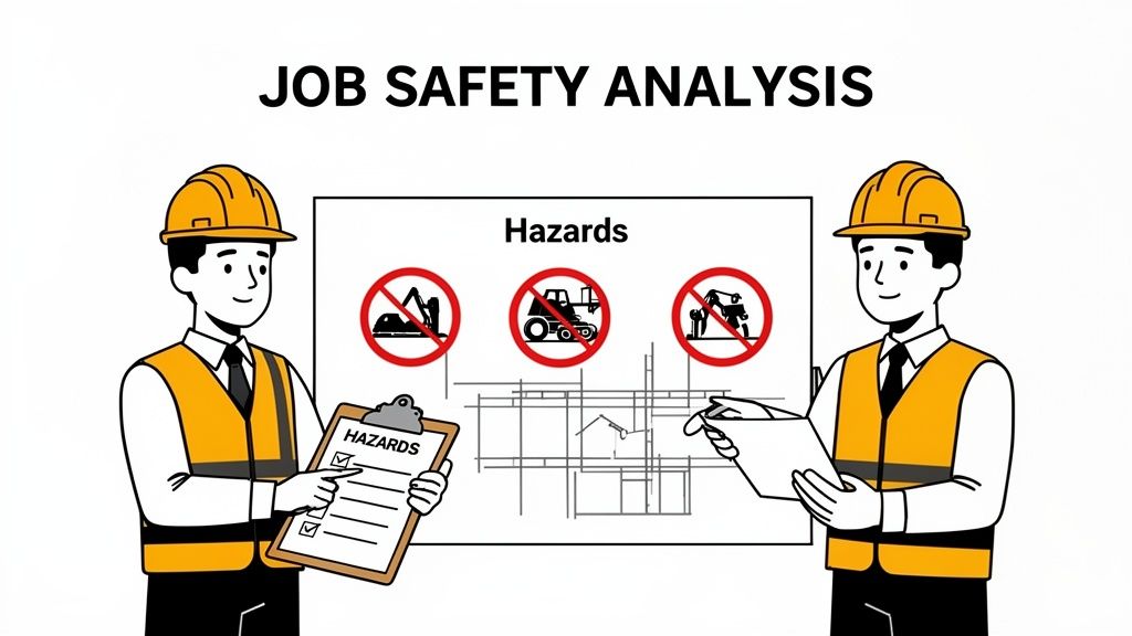 Two construction workers analyze job safety hazards, reviewing warning signs and a checklist.
