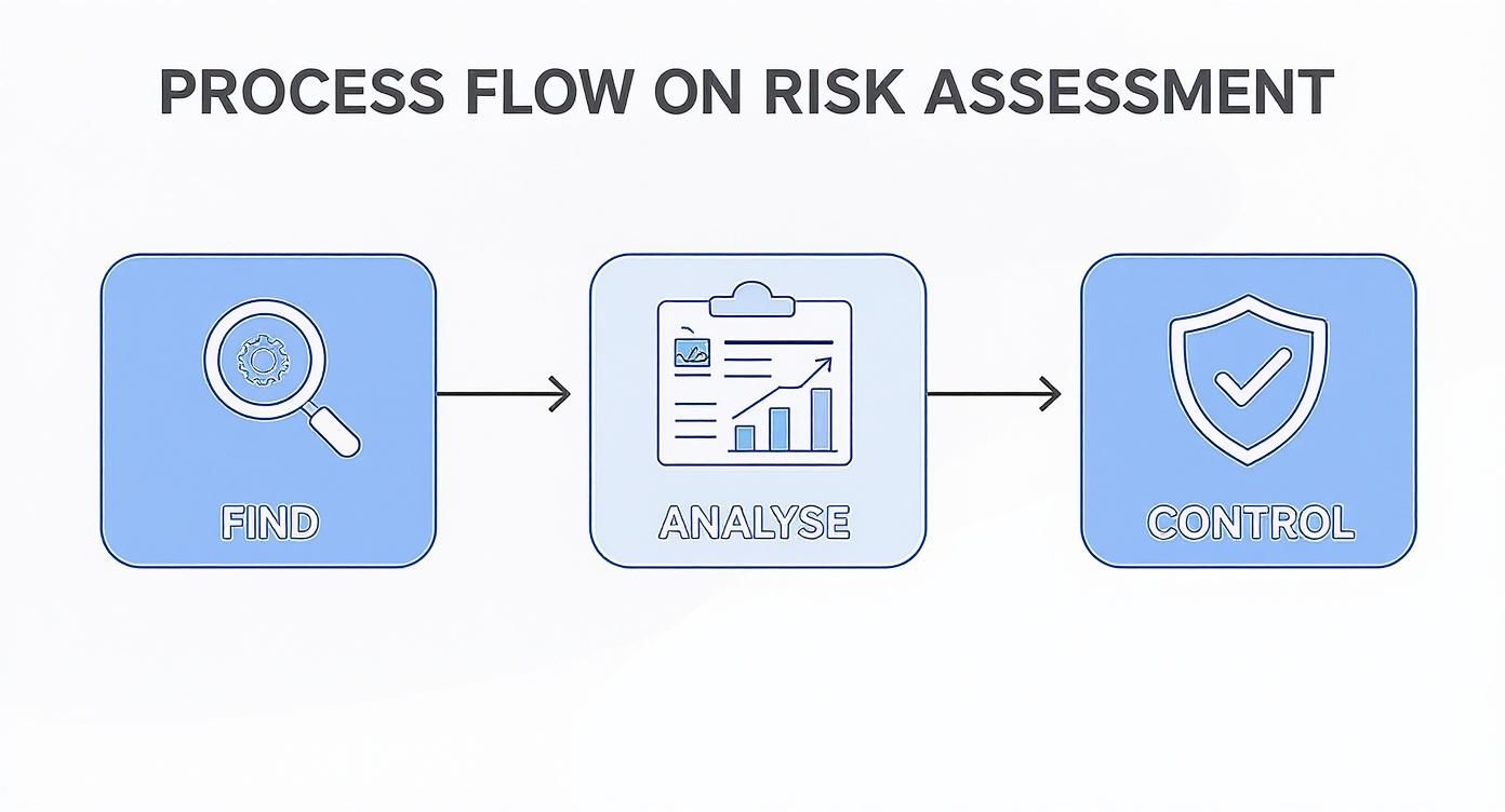 Diagram showing the risk assessment process: Find, Analyse, and Control steps with icons.